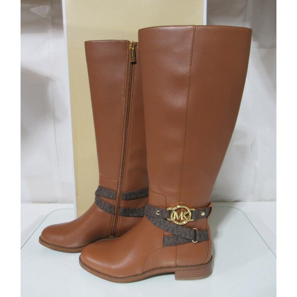 Michael Kors Rory Knee High Riding Boots MK Logo Embossed Strap Luggage Size 7 - Picture 9 of 12